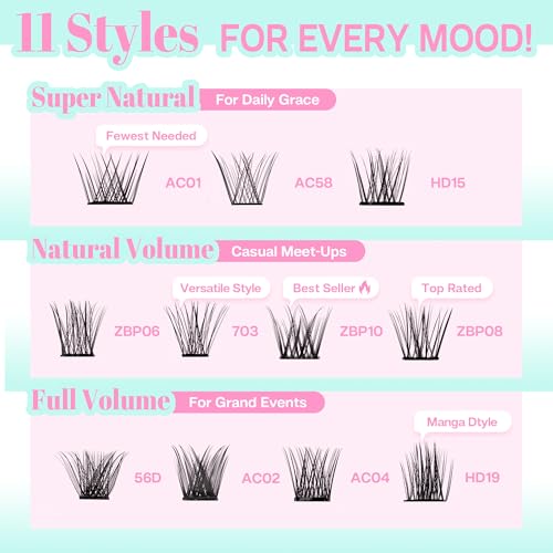 CALAILIS Self Adhesive Eyelashes 60Pcs D Curl Press on DIY CLuster lashes No Glue Needed Wispy Lash Clusters Pre Glued Reusable Glueless Eyelash Clusters Kit with Tweezers for Beginners (703)