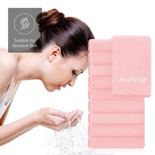 Cosy Family 10 Pack Makeup Remover Wash Cloths - Soft Microfiber Fingertip Facial Cleansing Cloths for Hand and Make Up, 12 x 12 in, Pink