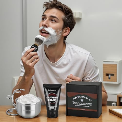 Shaving Brushes Kit For Men, 4 In 1 Shaving Brush Set Includes Nylon Bristle Shaving Brush, Sandalwood Shaving Cream, Stainless Steel Shaving Bowl and Stand