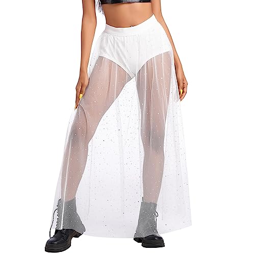 Women's Sheer Mesh 2 in 1 Glitter Sequin Elasticized High Waist A Line Party Maxi Skirt Sparkle Galaxy Sequin Tulle Cover ups Festival Outfits Costume White Polka Dot S