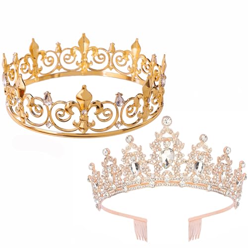 2PCS King and Queen Crown Set Metal Crown for Men and Women Crystal Tiaras for Girls Costume Accessories for Prom Wedding (Gold 2)