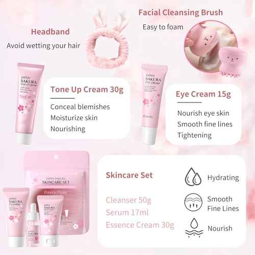 Japan Sakura Skin Care Set for Teen Girls - Evolvique Skin Care for Teens 10-12 - Skincare for Girls 10-12 - Skin Care Kit Gift Set for Women with Cleanser,Serum,Cream(One Size, 8PCS Sakura Scent)