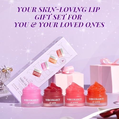 ANRCOLLECT Lip Scrub & Lip Mask - Overnight Treatment Lip Care Kits with 2 Lip Exfoliator & 2 Sleeping Lip Balm, Intense Hydration Lip Set for Dry Chapped Cracked Lips, Exfoliate & Moisturize (4 Pack)