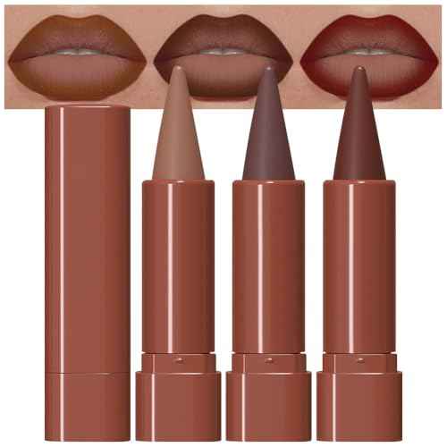 evpct 3Pcs Warm Brown Maroon Dark Wine Red Gradient Matte Lipstick Lip Liner Crayon Combo Pencil Set for Women Long Lasting, Cream Lip Liner and Lipstick Combo Makeup£¬Flawless Gradual Ombre Effect