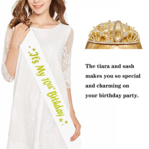 Happy 10th Birthday Tiara and Sash Gifts Crystal Rhinestone Princess Crown Birthday Girl Party Favor Supplies Gold Crowns Silver Letter Black Sash