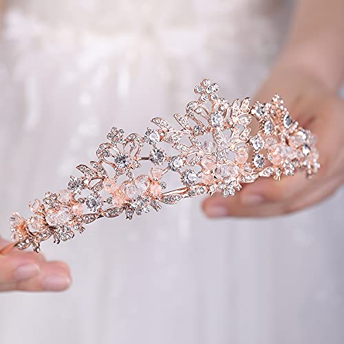 JWICOS Rhinestone Princess Crowns for Women and girls Wedding Bridal Party (Rose and Gold)