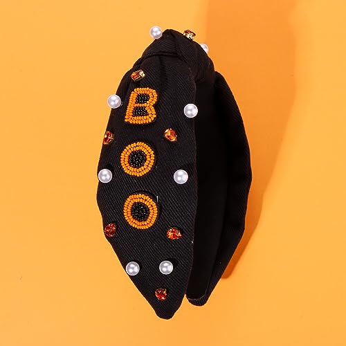 NVENF Halloween Headband Accessories for Women Crystal Pearl Knotted Headband Embellished Beaded Pumpkin Candy Corn Boo Headbands Rhinestone Jeweled Wide Top Knot Headband Costume Party Favors (BOO)