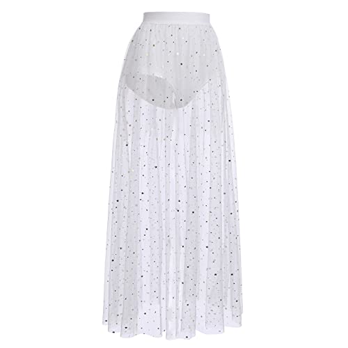 Women's Sheer Mesh 2 in 1 Glitter Sequin Elasticized High Waist A Line Party Maxi Skirt Sparkle Galaxy Sequin Tulle Cover ups Festival Outfits Costume White Stars S