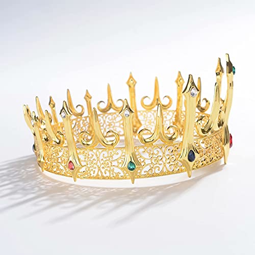 S SNUOY Gold King Crowns for Men Full Round Metal Crown King Party Hats Crowns and Tiaras for Men