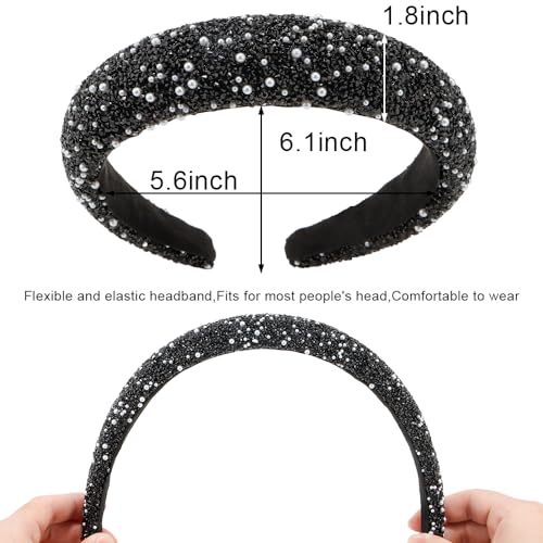 AHONEY 2 Pack Rhinestone Headband for Women Girls, 4th of July Glitter Sequin Beaded Pearls Padded Headbands for Women Prom Sparkly Hair Bling Hair Accessories (Red&White)