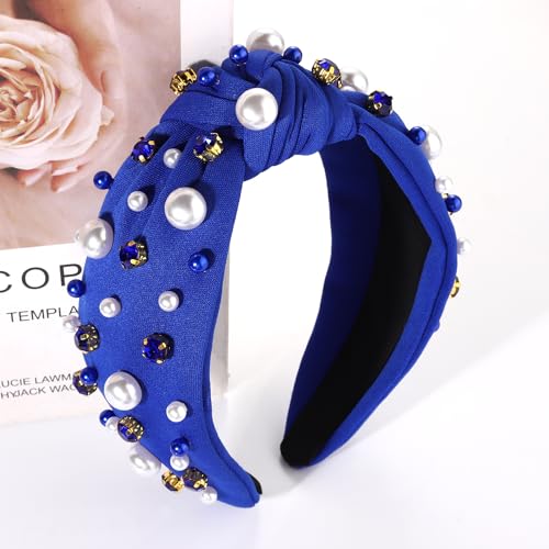 GLBCC Pearl Knotted Headband, Blue, Football Game Day Hairband with Rhinestone Embellishment, Wide Headband for Women, Sports Hair Accessories, Fashion Ladies Headband, One Size Fits All