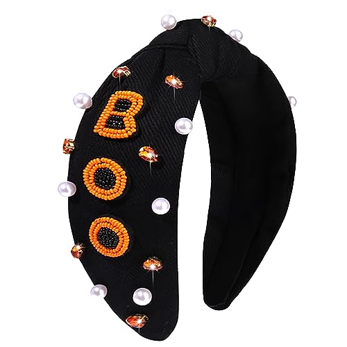 Women's Beaded Embellished Rhinestone Pearl Top Knot Hair Accessory for Halloween Costume Party (Orange Boo Headband)