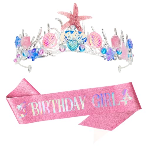 GAFATORY Pink Mermaid Crown and Sash for Women Birthday Crown and Sash for Birthday Girl Mermaid Adult Crown Ocean Theme Mermaid Birthday Decoration Birthday Gift Seashell Fishtail Crown Halloween