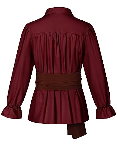 Irtysh Men's Renaissance Victorian Medieval Pirate Shirt Lace Up Colonial Steampunk Costume Tops Waist Belt Set(Red S)