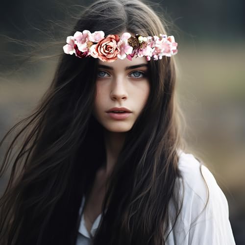 Vivivalue Vine Flower Crown Flower Garland Headband Hair Wreath Floral Headpiece Halo Boho with Ribbon Wedding Party Festival Photos