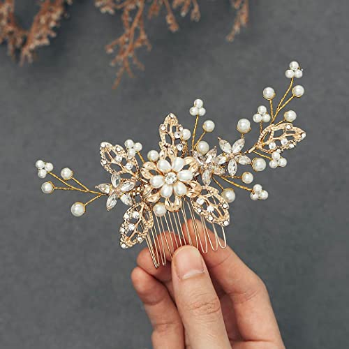 Gorais Pearl Bride Wedding Hair Comb Crystal Bridal Hair Piece Leaf Wedding Hair Accessories Floral Rhinestone Hair Clip Side Combs for Women and Girls