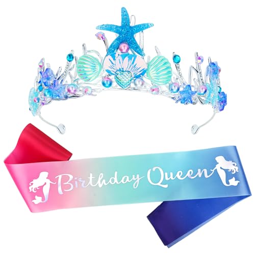 YARIEW Mermaid Birthday Crown and Birthday Queen Sash Mermaid Birthday Decorations Mermaid Party Decorations for Girls Birthday Sash for Women Mermaid Birthday Party Favor