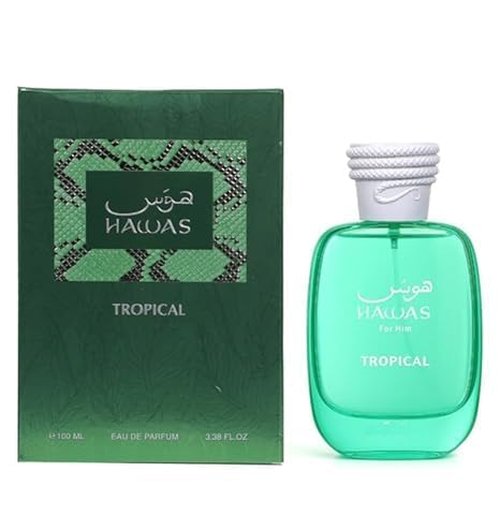 Hawas Tropical Eau de Parfum - Fresh Fragrance in Green Glass Bottle | 100ml for Personal Use
