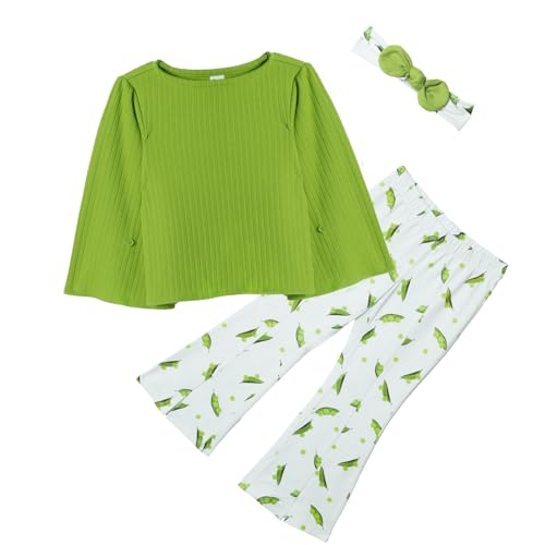 Sosomi Toddler Girl Clothes Set 2T Baby Fall Outfits Cute Green Shirt Top + Leggings Flare Pants Fashion Floral leggings Kids Costume Winter 24 months Little Girls Long Sleeve Clothing Sets Headband