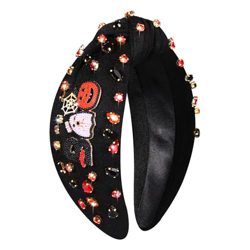 YAHPERN Halloween Headband for Women Spooky Pumpkin Ghost Headband Jeweled Rhinestone Knotted Headband Halloween Accessories