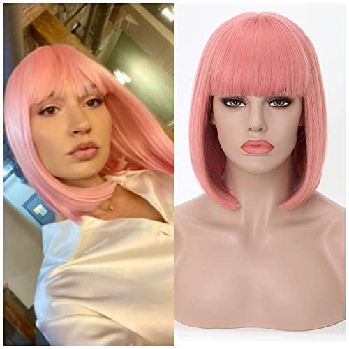 Rosa Star Ash Pink Wig Women's Short Bob Light Pink with Bangs 12'' Straight Synthetic Hair Wig for Halloween Comic-con Costume Anime Cosplay Party