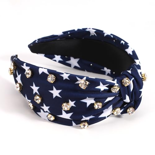 Ardorchid 4th of July Headbands for Women Girls America Independence Day Patriotic Headbands Rhinestone Knotted Wide USA Blue Star Hair Accessories