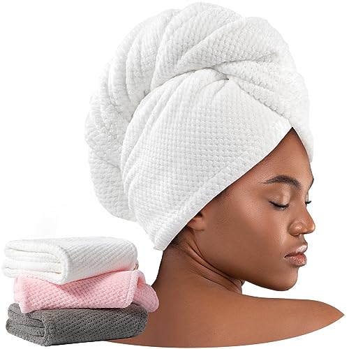 Umisleep 3 Pack Microfiber Hair Towel Wrap for Curly Hair, Super Absorbent Hair Drying Towel for Women, Kids, Hair Care Accessories, Hair Turban for Wet Hair (Grey, White, Pink)