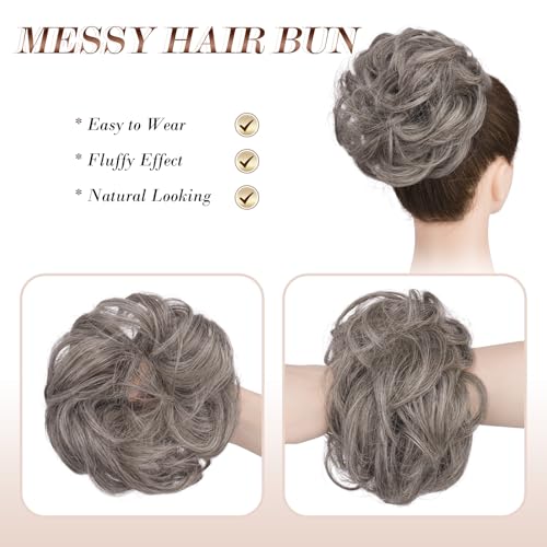 FESHFEN Messy Hair Bun Hair Pieces Wavy Curly Large Hair Bun Scrunchies Extensions Synthetic Chignon Hairpieces for Women Girls, Salt and Pepper 1.94oz