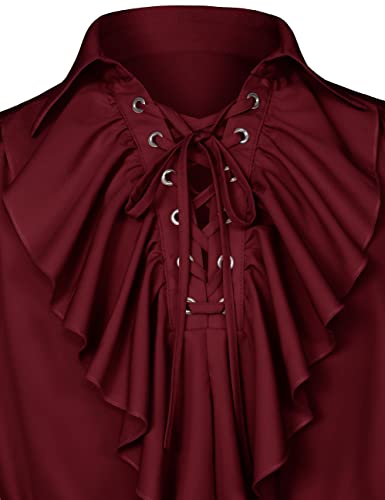 Irtysh Men's Renaissance Victorian Medieval Pirate Shirt Lace Up Colonial Steampunk Costume Tops Waist Belt Set(Red S)