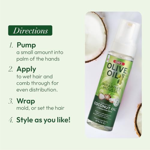 ORS Olive Oil Hold & Shine Wrap Set Mousse Infused with Coconut Oil for Restorative Shine 7 Ounce