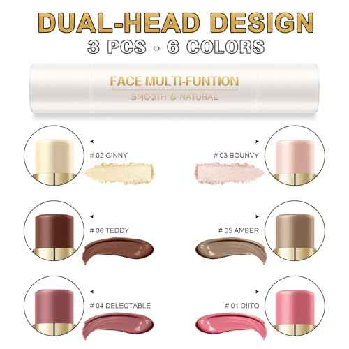 6 Colors Cream Contour Stick Makeup Contour Kit, Double-ended Cream Bronzer for Sculpt, Highlighter and Blush Stick Makeup Kit, Matte & Dewy Finish (SET A)