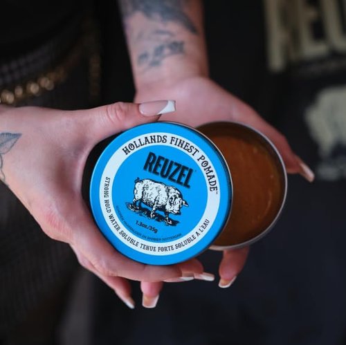 Reuzel Blue Pomade - Strong Hold & High Shine | Water Soluble, Flake-Free, Easy Wash Out for All Hair Types