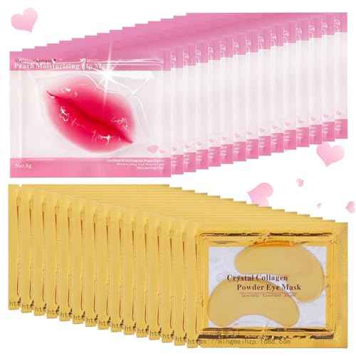 30 Pairs Lip Masks & 24K Gold Eye Masks,Crystal Gel Collagen Eye Patches for Puffy Eyes,Moisturizing Cooling Skin Lines Dark Circles,Wrinkles,Bachelorette Party Favors,Bulk Gifts,Stocking Stuffers