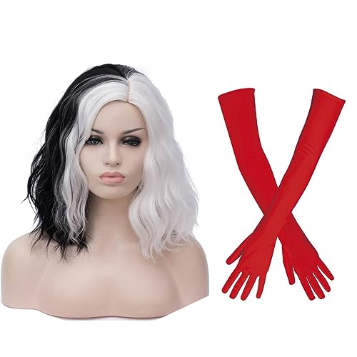 TANTAKO Women Black and White Wigs Short Wavy Half and Half Synthetic Cosplay Wig with Long Red Gloves and Costume Holder for Halloween