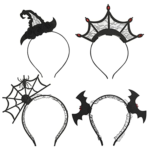 MoKo Halloween Decorations Headbands Costumes for Women and Girls, 4 Pack Bat Crown Witch Hair Accessories Hoop for Halloween Party Hair Hoop Costume Dress up Cosplay, Black