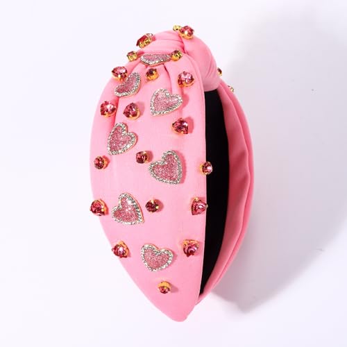 Valentine’s Day Headband for Women Beaded Heart Headbands Embellished Jeweled Heart Knotted Headband Pink Red Crystal Rhinestone Top Knot Headband Valentine’s Day Accessories Gifts (Pink Heart 1)