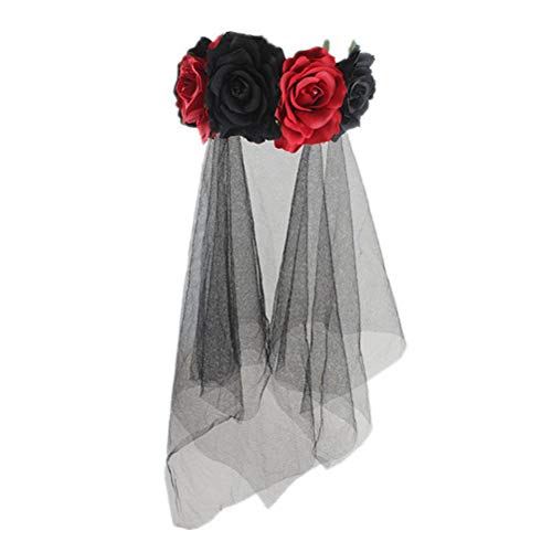 Beaupretty Halloween Headband with Roses Veil Day of the Dead Headpiece Flower Crown Veil