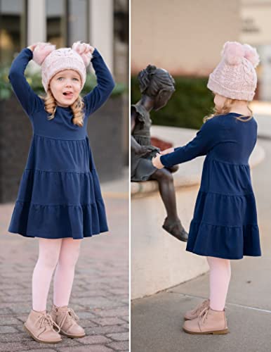 Arshiner Girls' Super Soft Cotton Long Sleeve Tiered Dress, Dark Blue, 120(Age for 5-6Y)