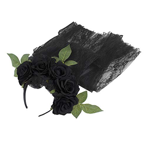 Halloween Costume Black Funeral Veil Witch Cosplay Gothic Headband Party Rose Flower Crown Garland Mexican Headpiece