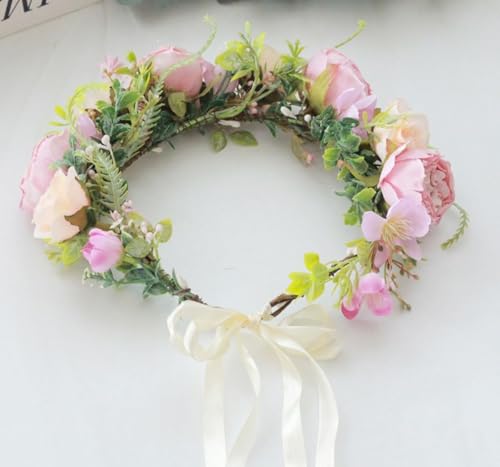 DreamLily Girls Camellias Flower Crown Birthday Photo Pops Hair Wreath Wedding Festival Floral Headpiece XM11 (A-Champagne)