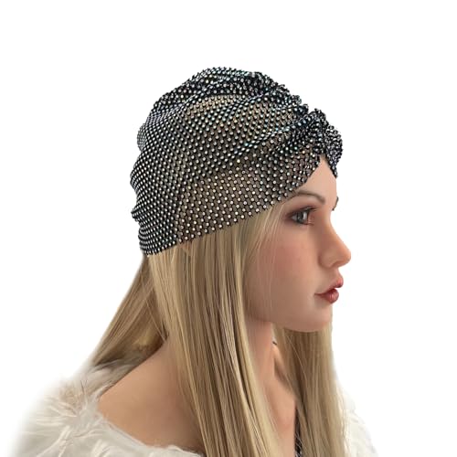 Sparkly Rhinestones Mesh Headband Beanie Women Girls Crystal Net Turban Headwrap Headpiece Glittery Christmas Halloween Costume Hairbands Nightclub Rave Party Head Cover Wraps Headscarf