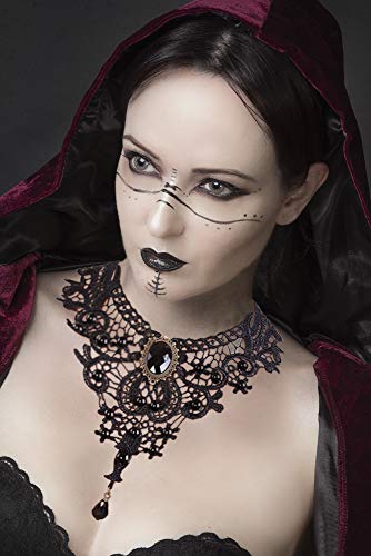 Plage Goth Necklaces Earrings Lace Bracelet Ring set for women Vintage Vampire Black Lace Choker Necklace Punk Rock Collar Gothic Necklace Halloween Party Cosplay (Necklace Bracelet earrings)