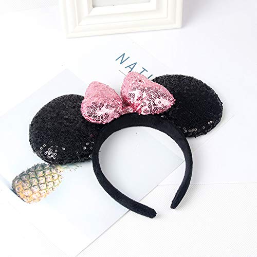 A Miaow 3D Black Mouse Sequin Ears Headband MM Glitter Butterfly Hair Clasp Park Supply Adults Women Photo Accessory (Black and Pink)