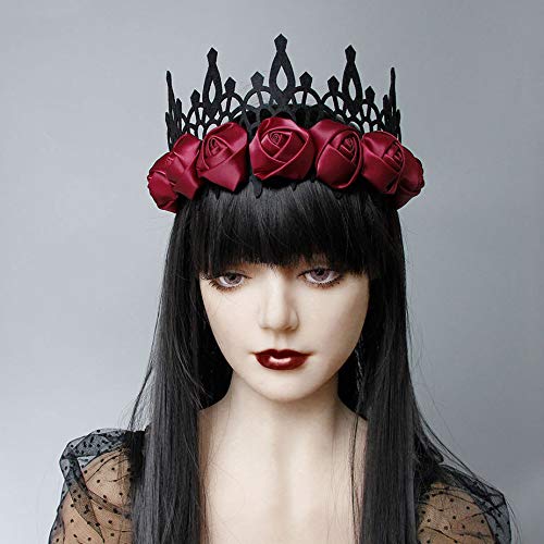 Love Sweety Halloween Vintage Crown Rose Headband Gothic Floral Headpiece (Satin Black and Red)