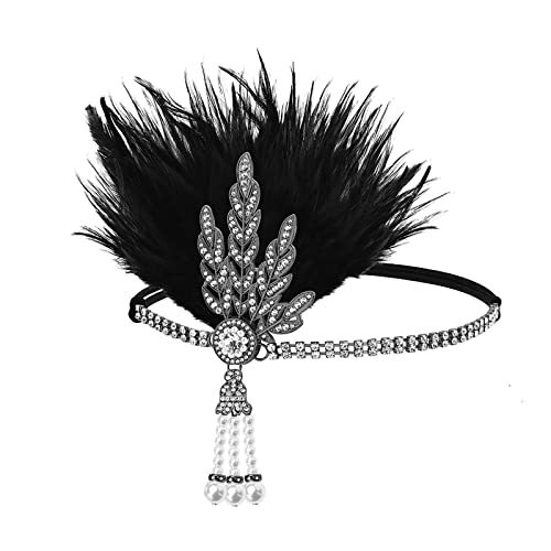 1920s Vintage Flapper Headbands Crystal Headpiece Ostrich Feather Hair Band for Women Girls Prom Party Festival Gatsby Hair Jewelry (B-Silver-black)