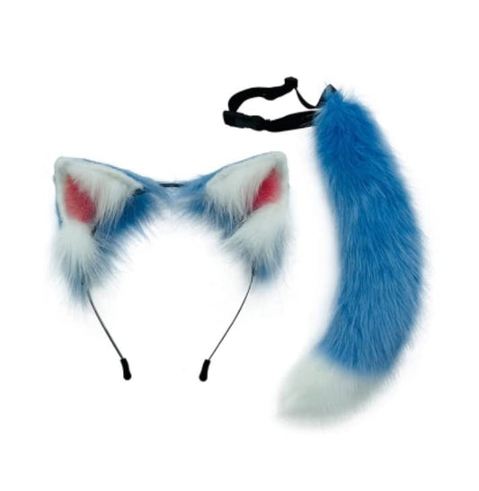 Wolf Ears Headbands Tail Furry Animal Ears Headwear Fox Kitten Cat Hair Hoop for Halloween (Blue and White Ears),Blue,white,One Size