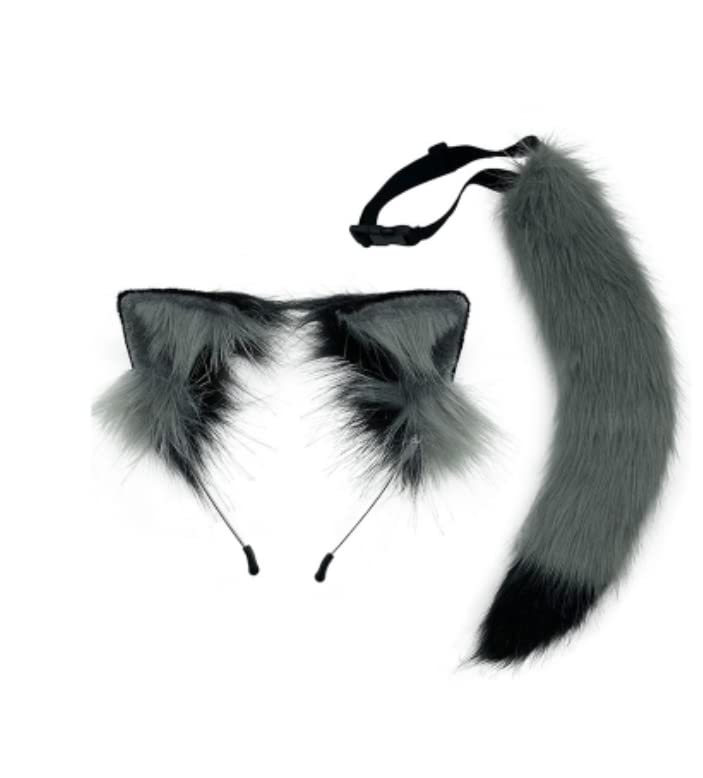 Wolf Ears Headbands Tail Furry Animal Ears Headwear Fox Kitten Cat Hair Hoop for Halloween (Gray Black Ears Tail), One Size