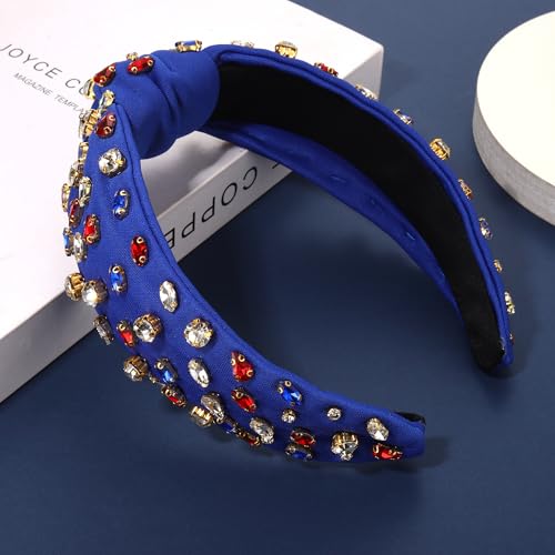 NVENF American Flag Headband for Women 4th of July Headband Accessories Red White Blue Rhinestone Crystal Knotted Headband Patriotic Hair Accessory Outfit Gifts (A-Blue Flag)