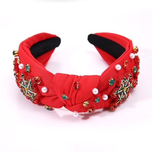 Christmas Headband Red Green Rhinestone Crystal Jeweled Knotted Heabdand Festive Holiday Wide Top Knot Hairband Headpiece Christmas Party Costume Accessories Gift (red Christmas snowflake headband)