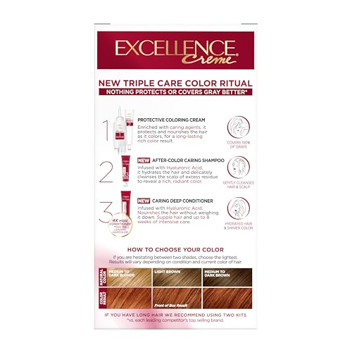 L'Oreal Paris Excellence Crème Permanent Hair Dye, Triple Care Hair Color with Hyaluronic Acid for 100% Gray Coverage, 6R Light Auburn, 1 Kit (Packaging May Vary)